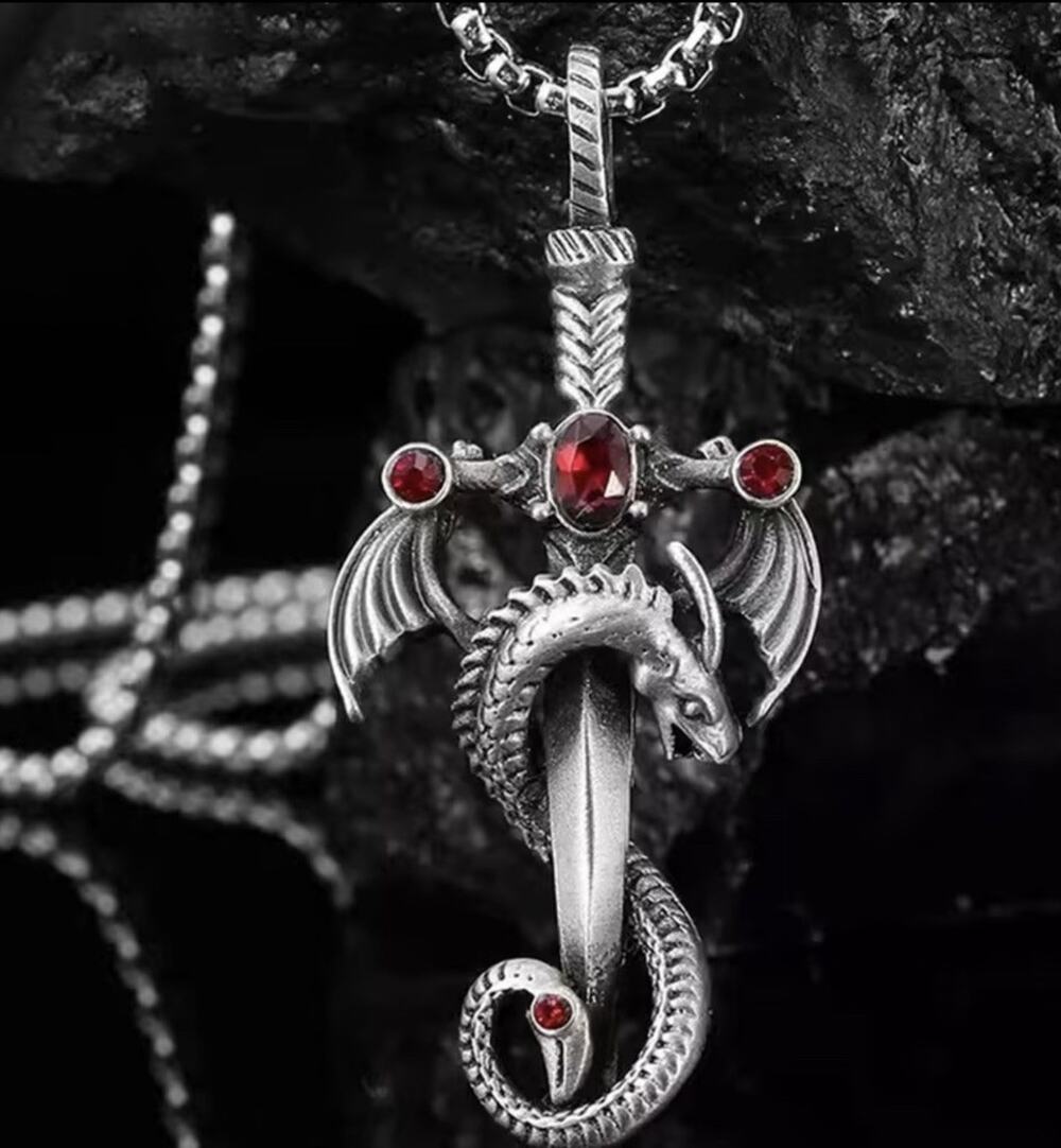 316l stainless steel Dragon Dagger Necklace Pendant Red CZ